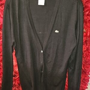 Lacoste Dark Black Knit Cardigan Light Sweater with Logo Accent Size 46 Xlarge
